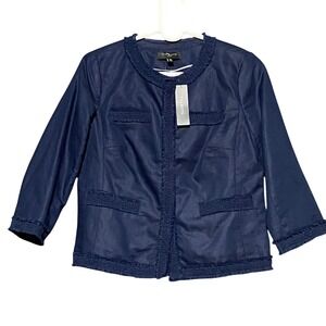 Talbots Petite 4P Navy Blue Linen Blend Blazer Frayed Trim Snap Front‎ Pockets